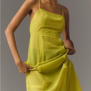 Anthropologie Chartreuse Sheer Layered Slip Midi Dress Size 16 NWT
